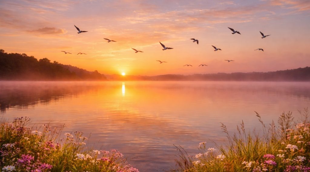 Cremation services Destrehan LA peaceful sunrise over calm lake with birds and flowers
