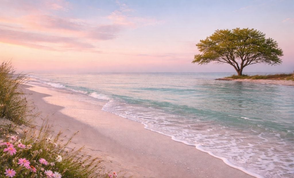 Cremation services Metairie, LA peaceful beach with lone tree and gentle waves at sunset
