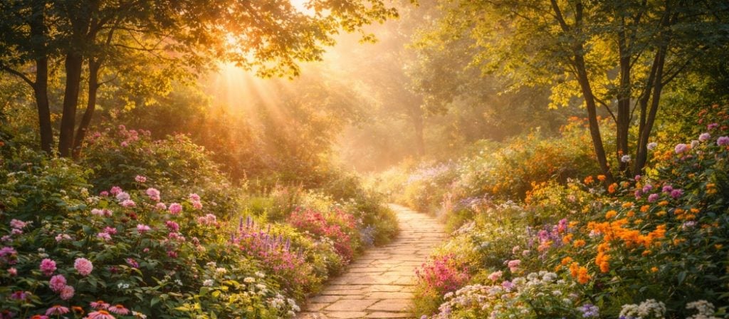 Funeral homes Metairie, LA peaceful garden pathway with blooming flowers and sunlight