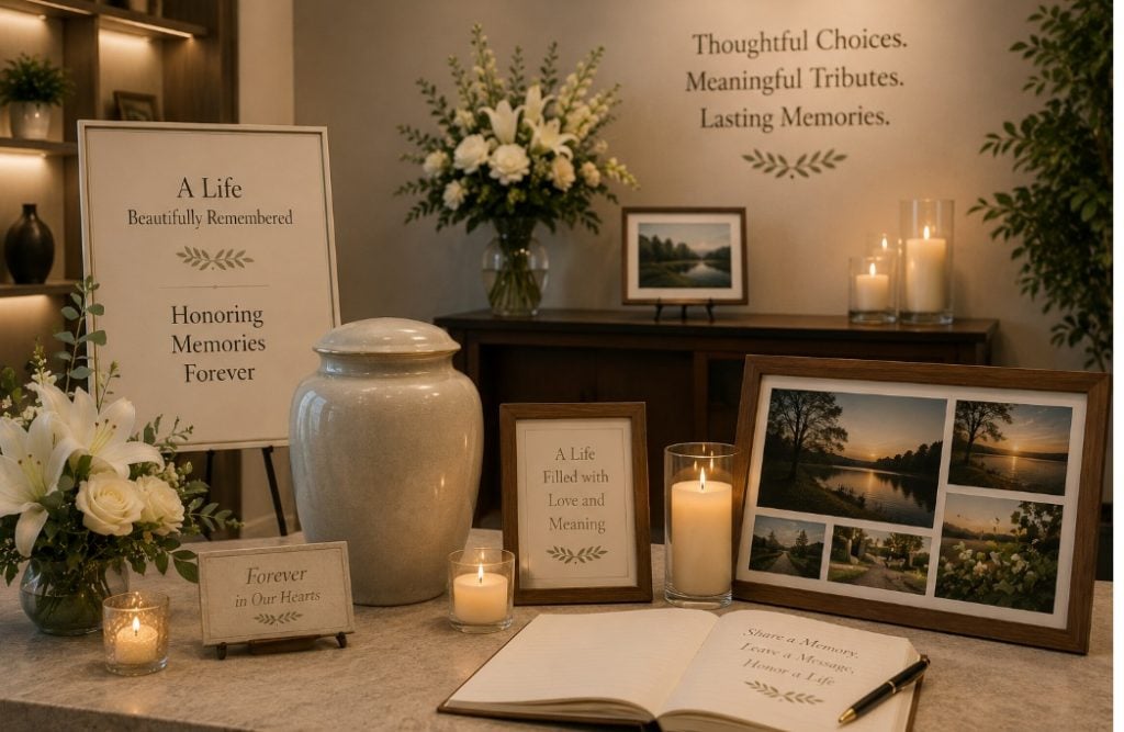 cremation services Destrehan, LA memorial display with candles, framed memories, flowers, and elegant tribute décor