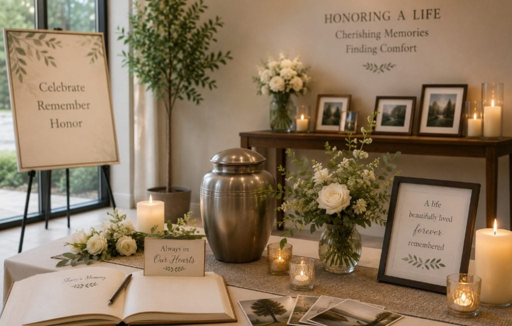 cremation services Kenner, LA memorial display with urn, candles, flowers, and framed tributes
