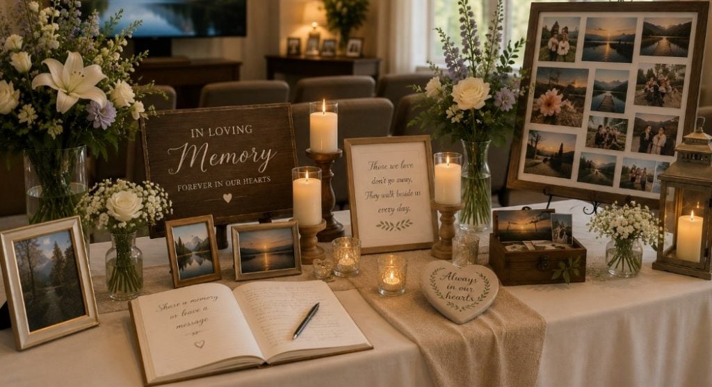funeral homes Destrehan, LA memorial table with candles, framed photos, flowers, and personalized tributes