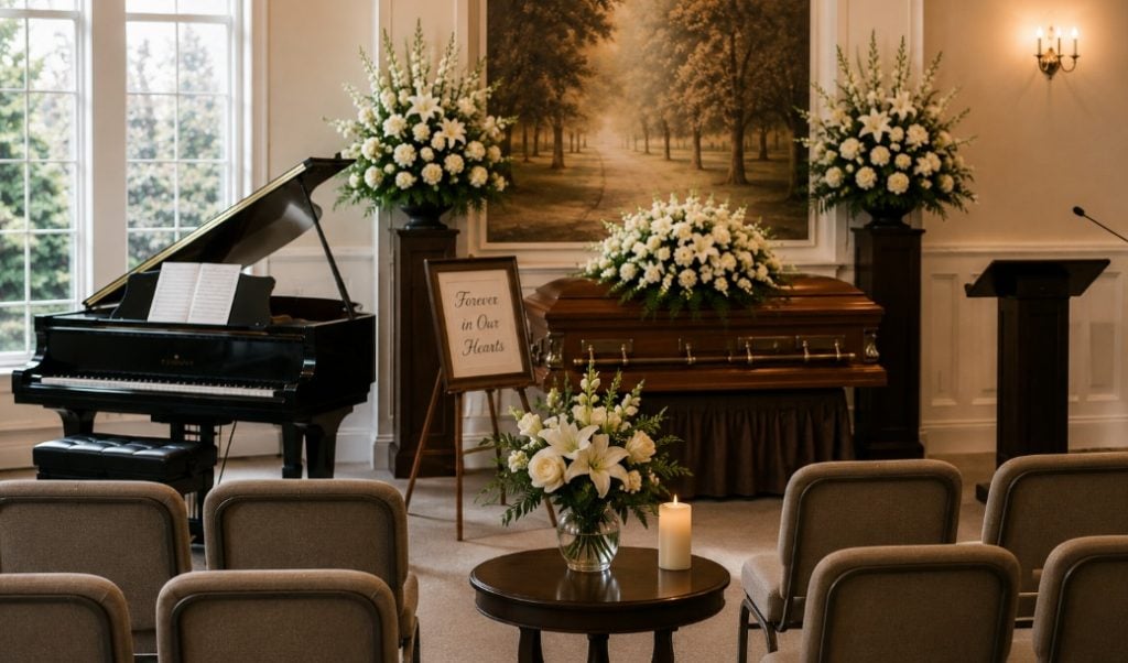 funeral homes Kenner, LA chapel with floral arrangements and soft memorial music setting
