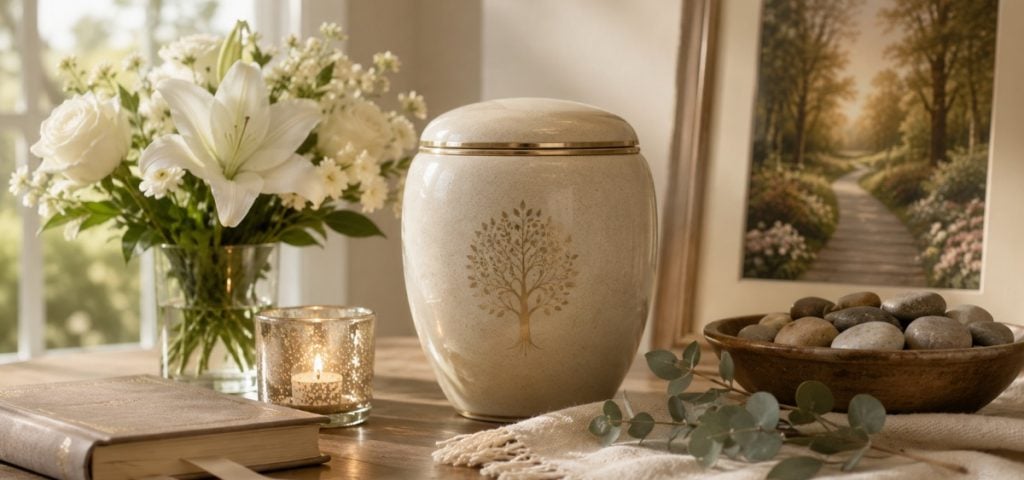 Cremation urn with flowers for cremation services Metairie, LA