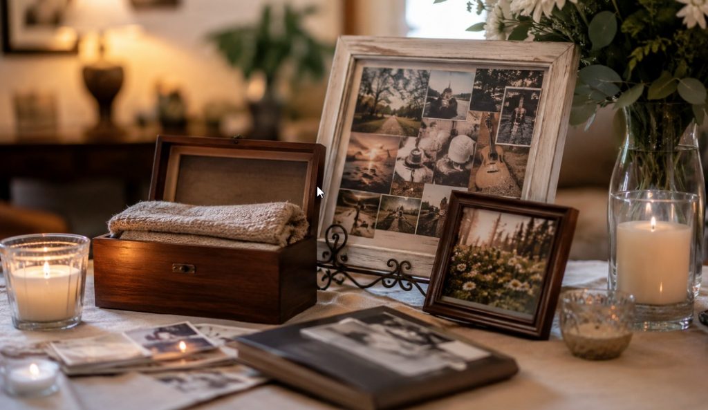 framed photos, candles, flowers, and keepsakes arranged to honor a loved one, funeral homes Destrehan, LA