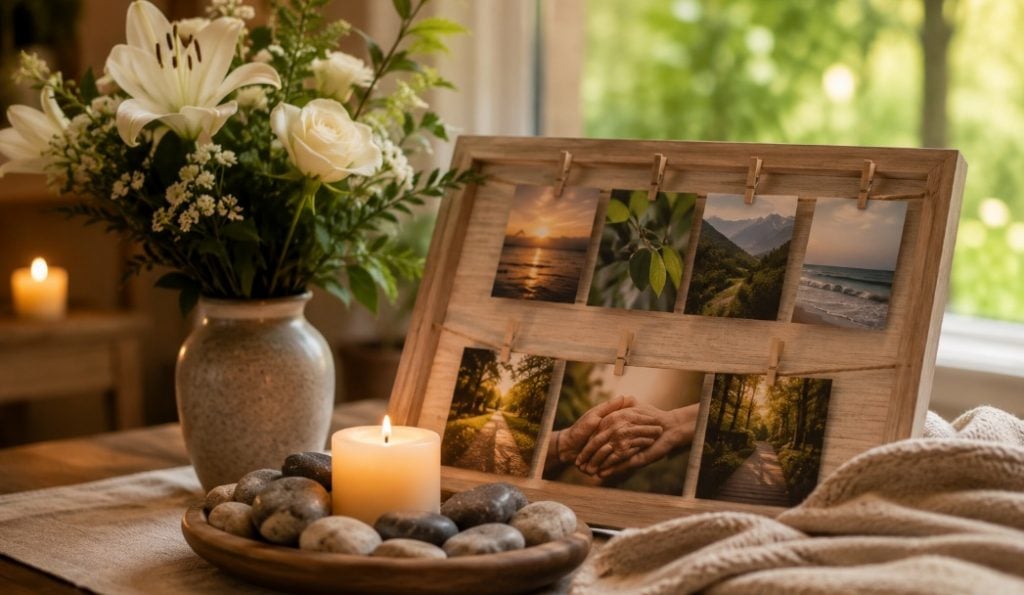 Memorial display with flowers, candles, and keepsake photos for cremation services Destrehan, LA