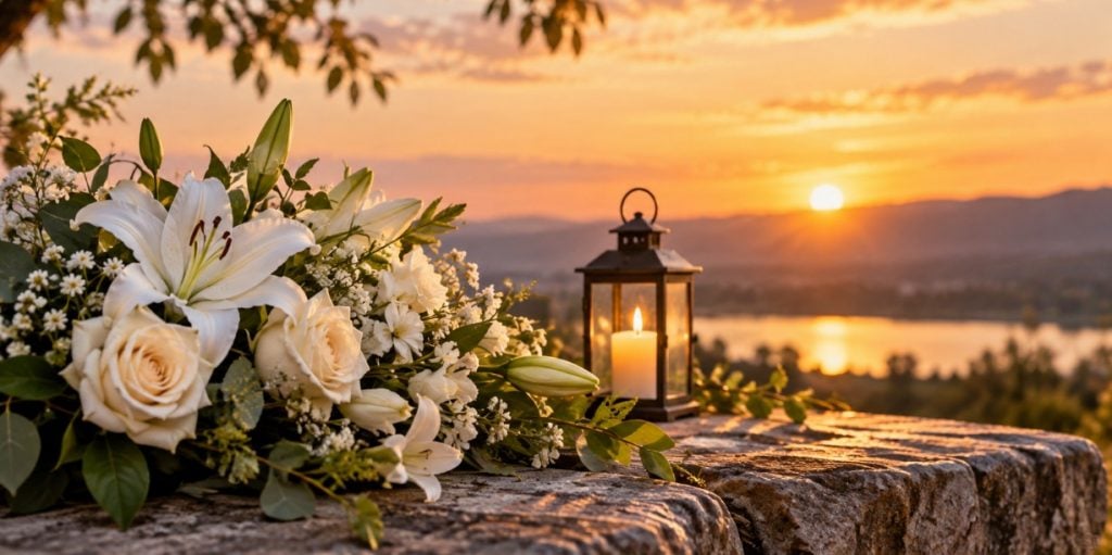 Peaceful memorial flowers and candle reflecting how funeral homes Destrehan, LA